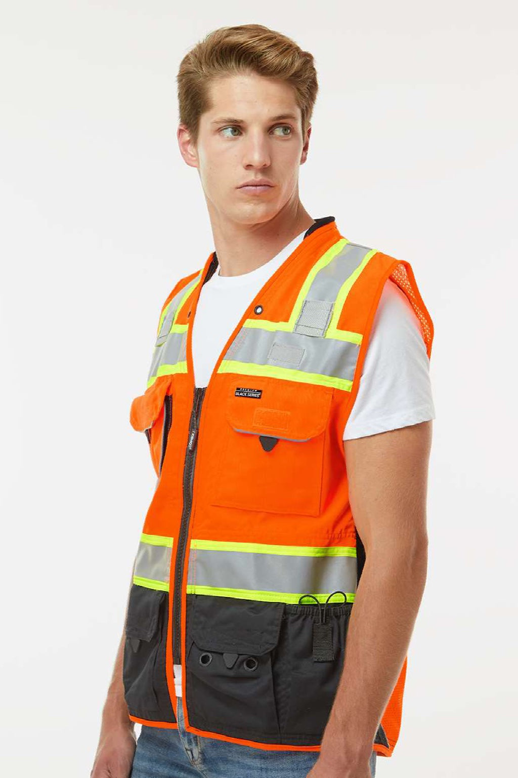 Kishigo S5002-5003 Unisex Premium Black Series Surveyors Vest Orange Model Side