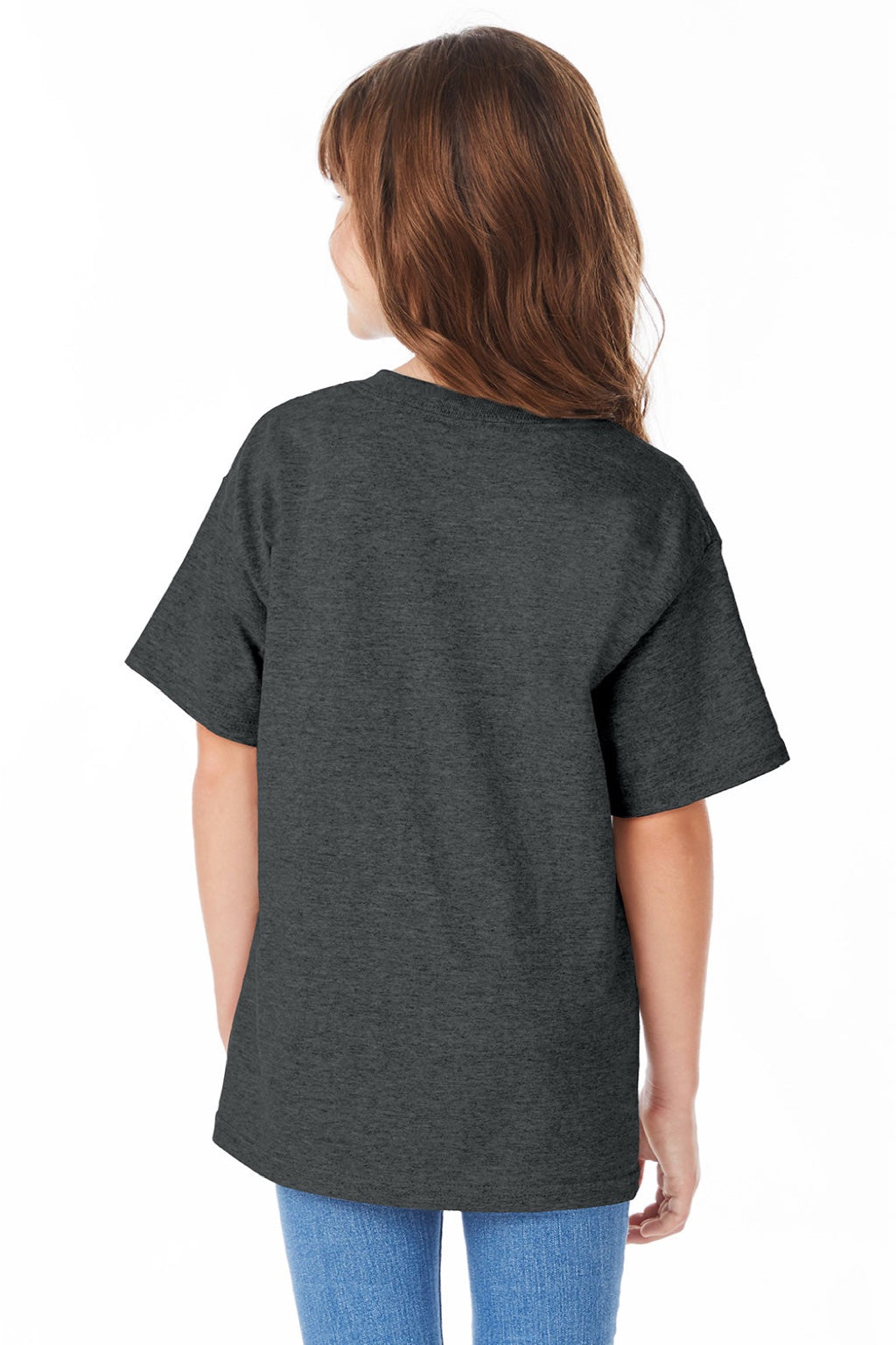 Hanes 5480 Youth Essential-T Short Sleeve Crewneck T-Shirt Heather Charcoal Grey Model Back