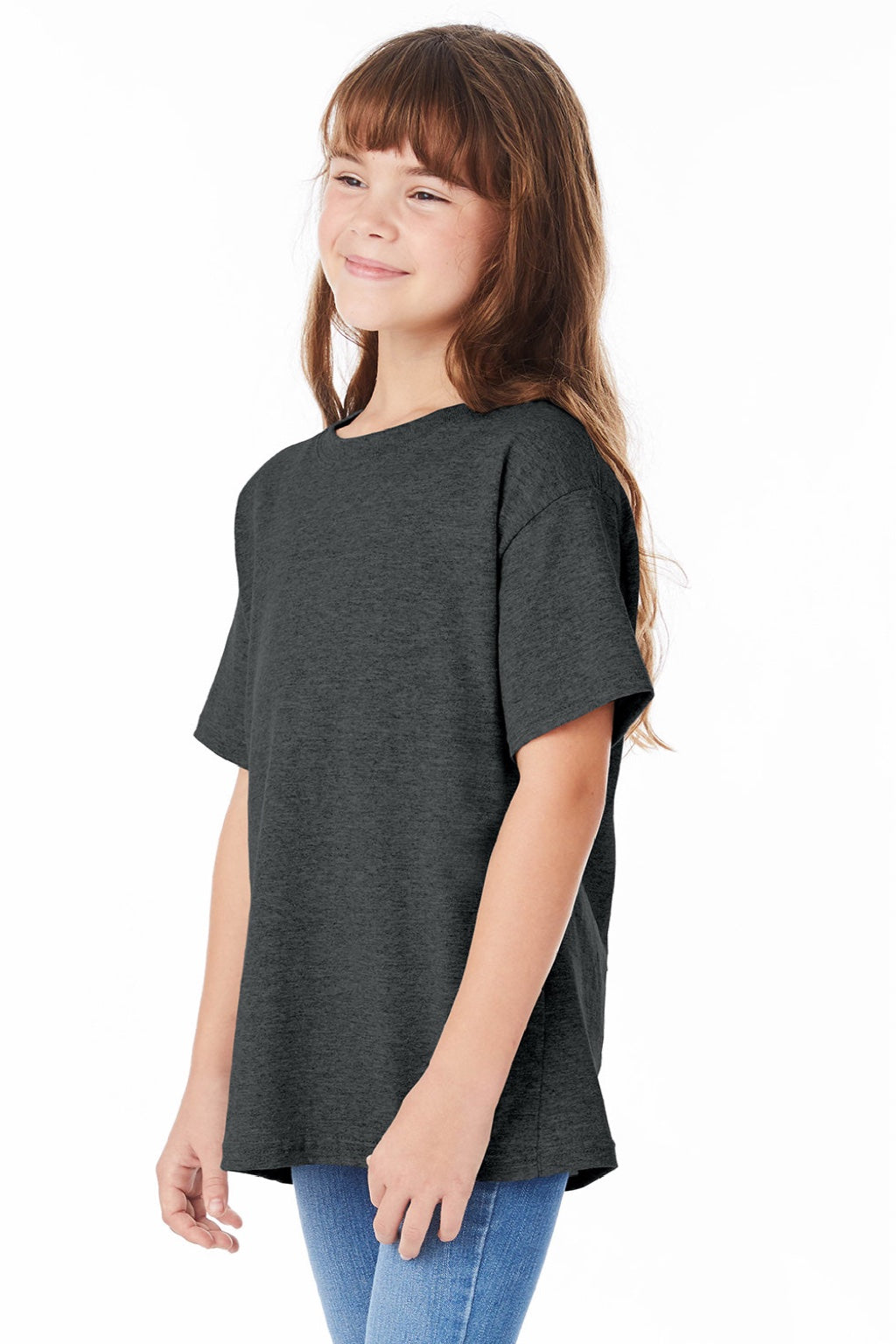 Hanes 5480 Youth Essential-T Short Sleeve Crewneck T-Shirt Heather Charcoal Grey Model 3Q