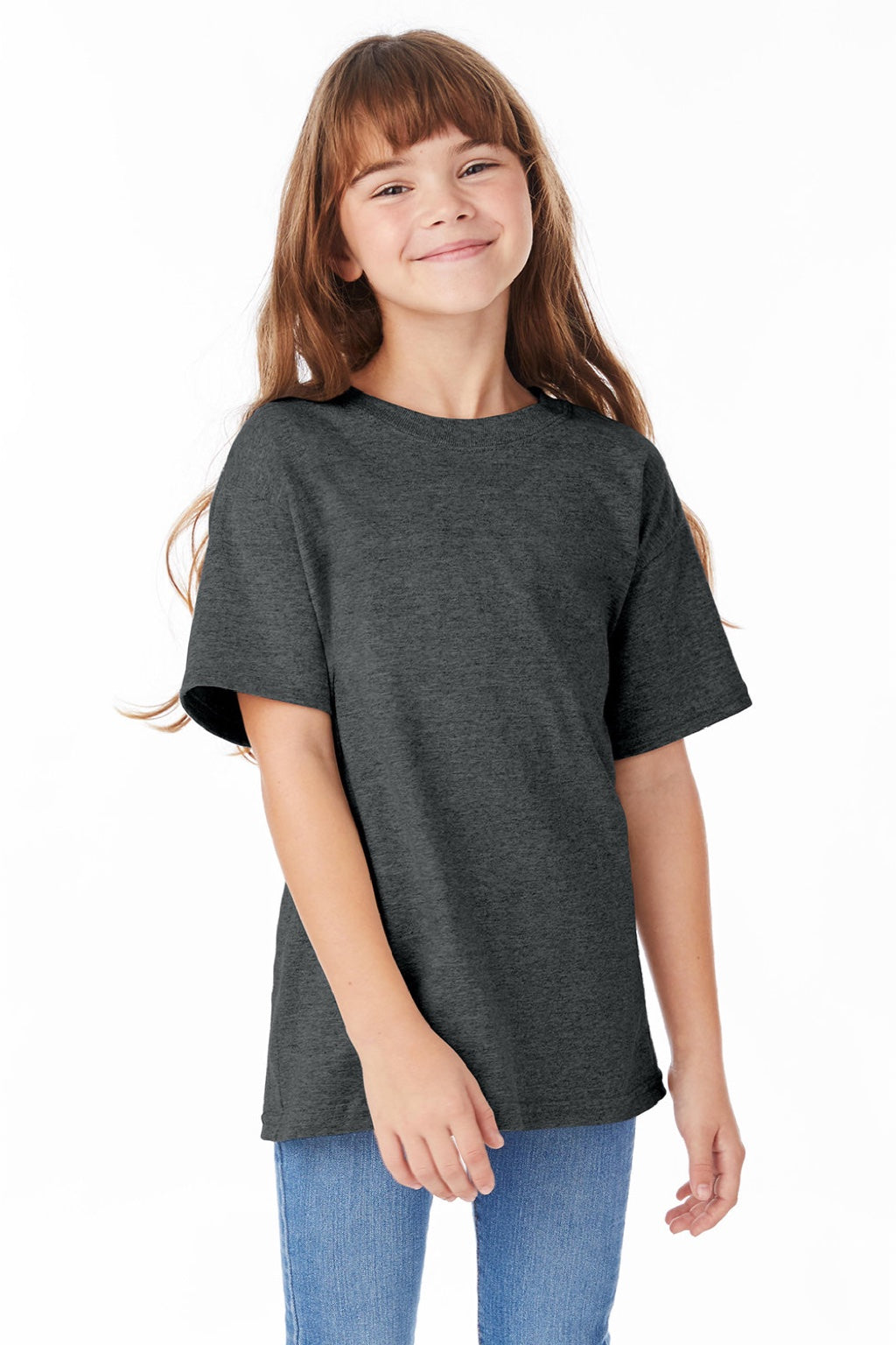 Hanes 5480 Youth Essential-T Short Sleeve Crewneck T-Shirt Heather Charcoal Grey Model Front