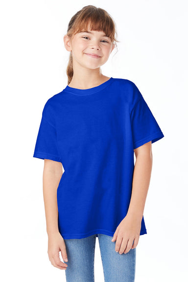 Hanes 5480 Youth Essential-T Short Sleeve Crewneck T-Shirt Athletic Royal Blue Model Front