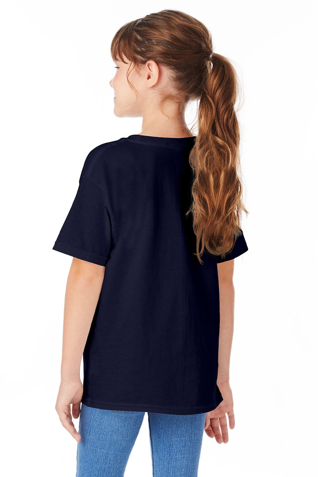 Hanes 5480 Youth Essential-T Short Sleeve Crewneck T-Shirt Athletic Navy Blue Model Back