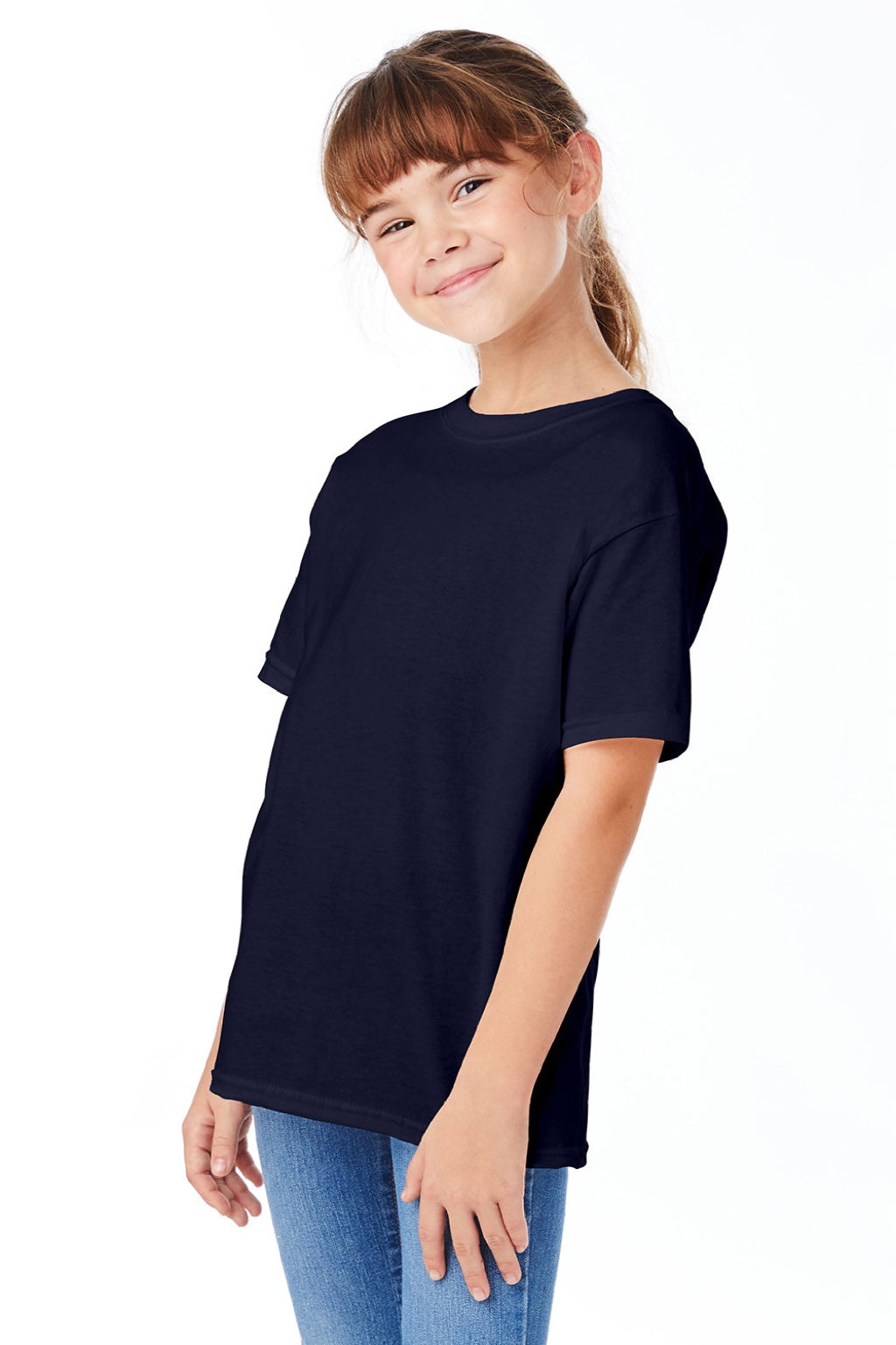 Hanes 5480 Youth Essential-T Short Sleeve Crewneck T-Shirt Athletic Navy Blue Model 3Q