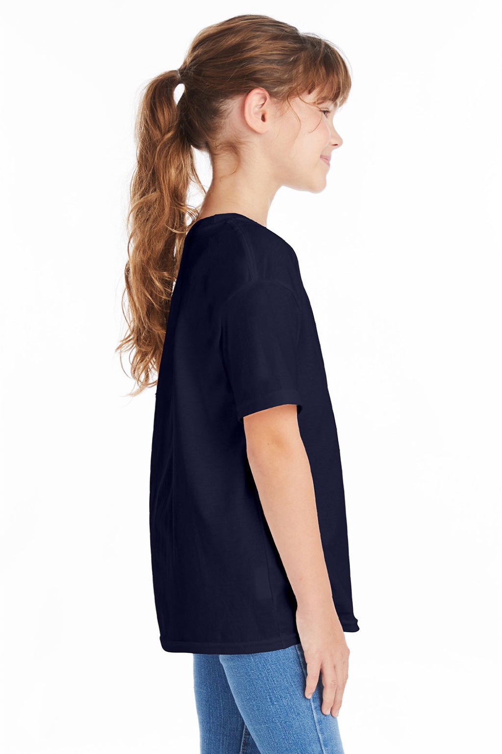 Hanes 5480 Youth Essential-T Short Sleeve Crewneck T-Shirt Athletic Navy Blue Model Side