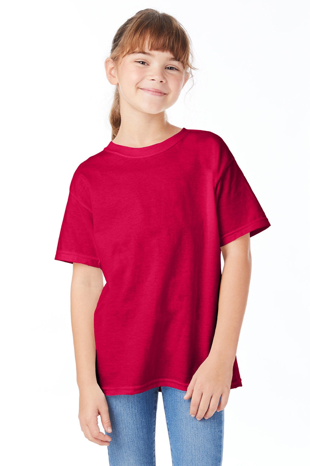 Hanes 5480 Youth Essential-T Short Sleeve Crewneck T-Shirt Athletic Crimson Red Model Front