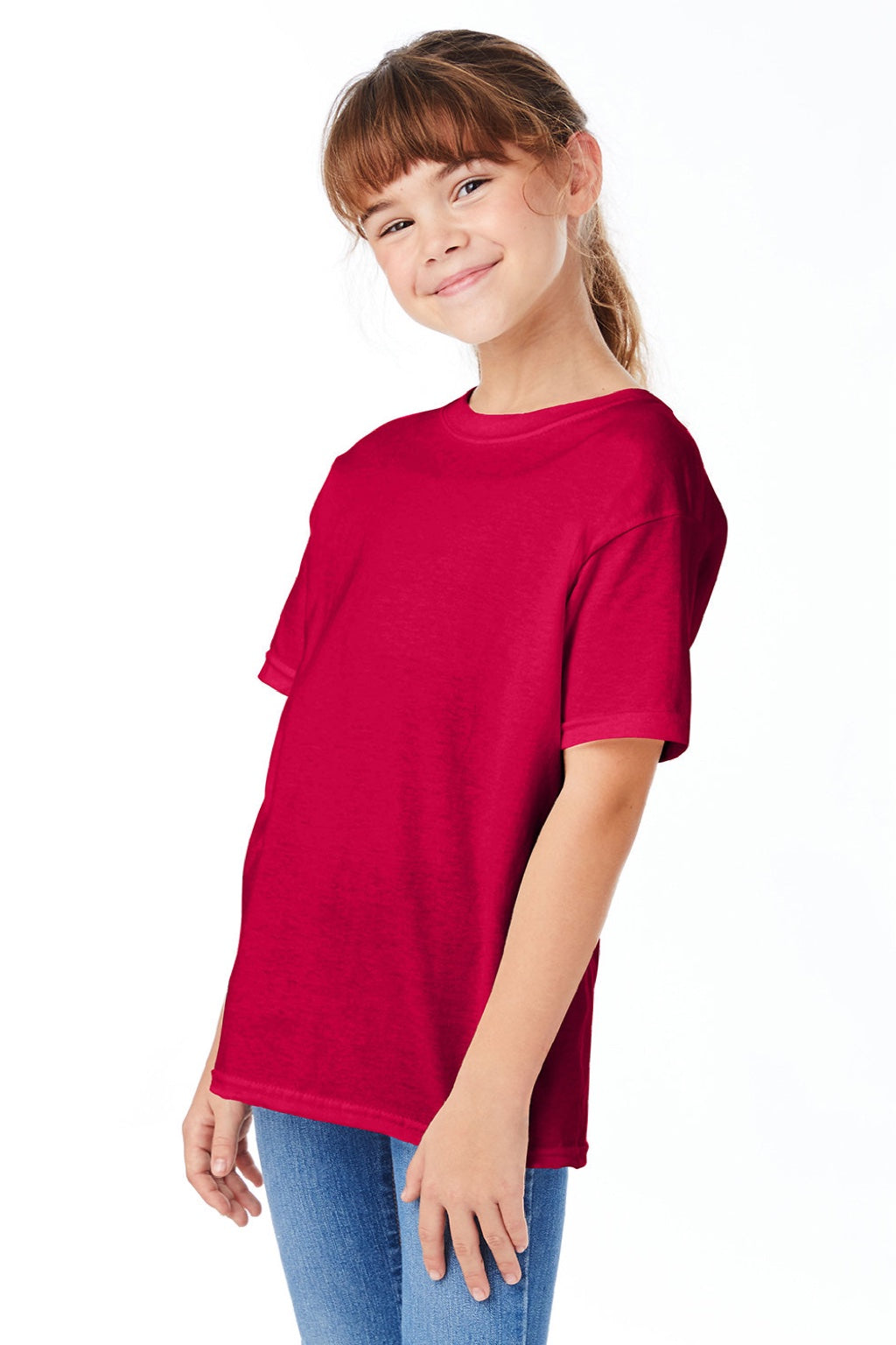 Hanes 5480 Youth Essential-T Short Sleeve Crewneck T-Shirt Athletic Crimson Red Model 3Q
