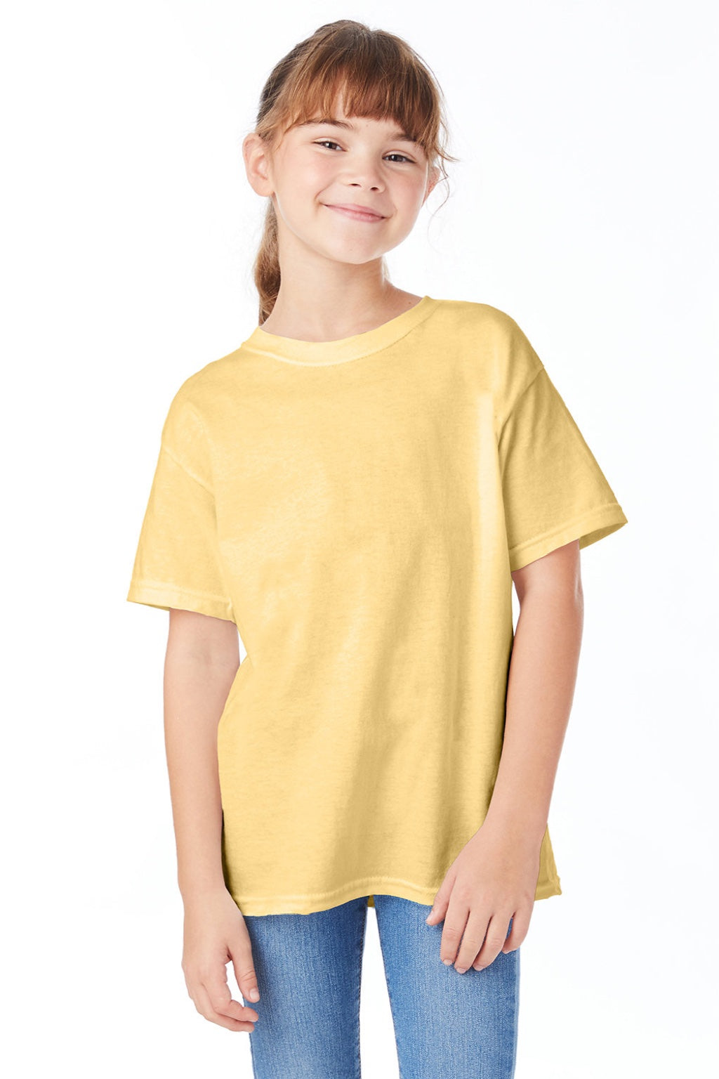 Hanes 5480 Youth Essential-T Short Sleeve Crewneck T-Shirt Athletic Gold Model Front