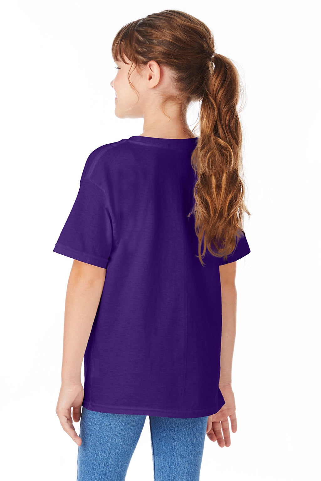 Hanes 5480 Youth Essential-T Short Sleeve Crewneck T-Shirt Athletic Purple Model Back