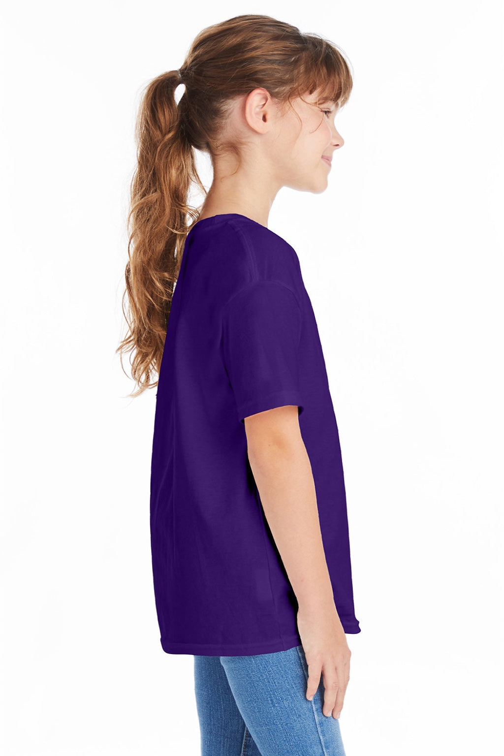 Hanes 5480 Youth Essential-T Short Sleeve Crewneck T-Shirt Athletic Purple Model Side