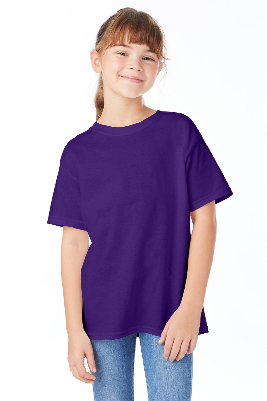 Hanes 5480 Youth Essential-T Short Sleeve Crewneck T-Shirt Athletic Purple Model Front