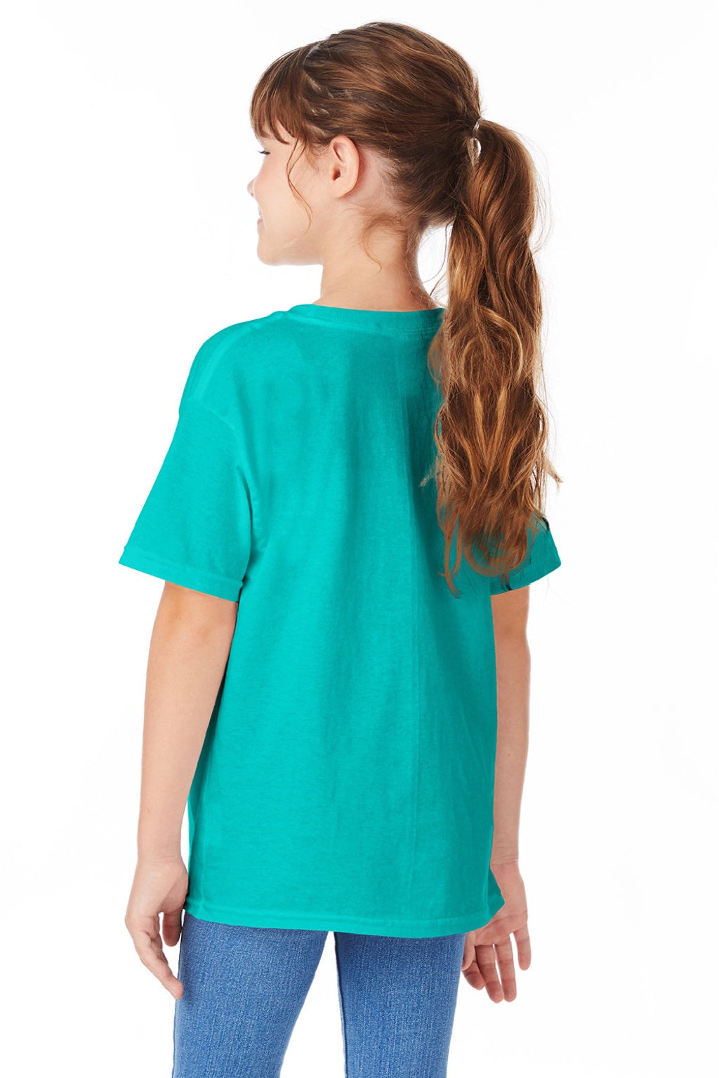 Hanes 5480 Youth Essential-T Short Sleeve Crewneck T-Shirt Athletic Teal Green Model Back