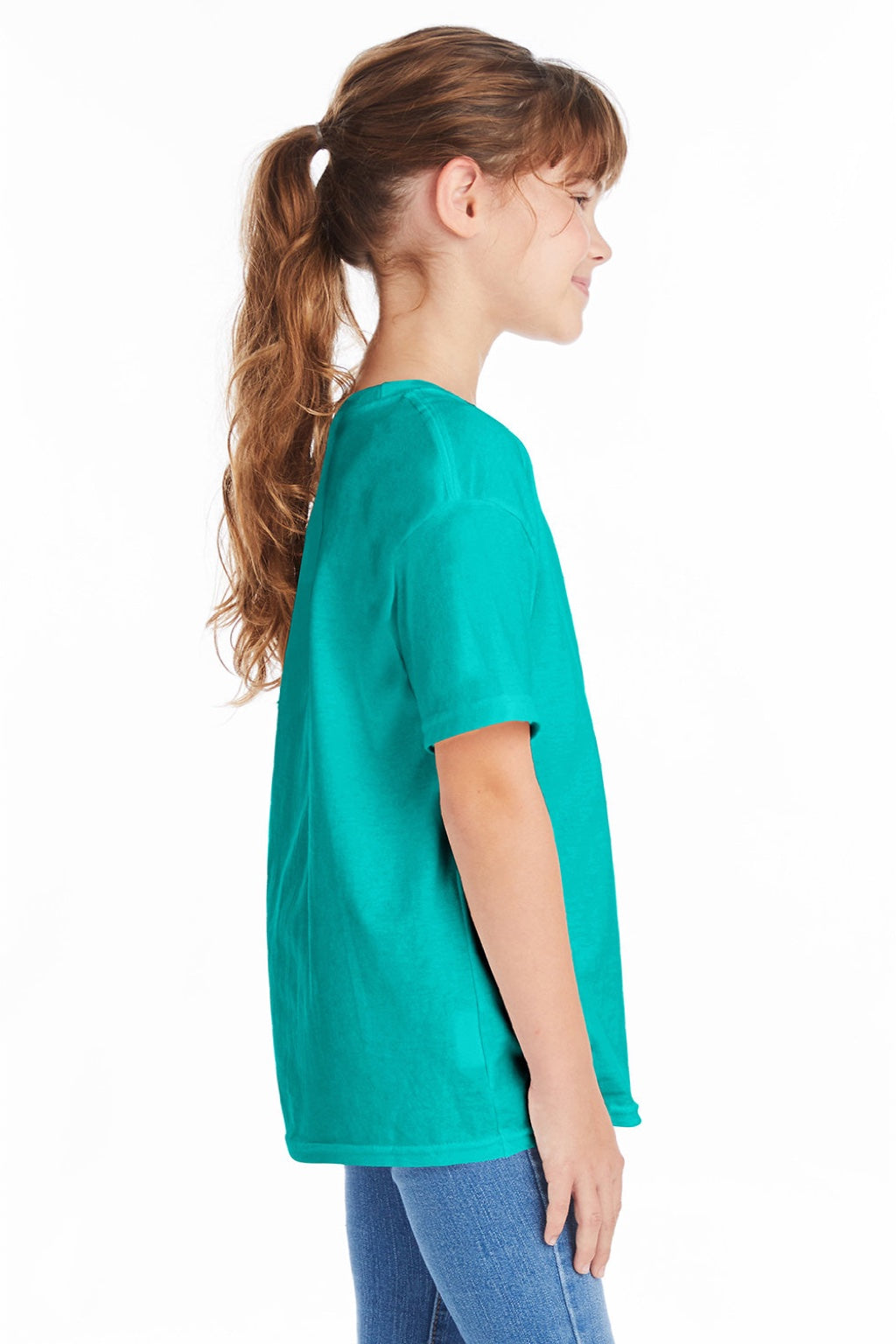 Hanes 5480 Youth Essential-T Short Sleeve Crewneck T-Shirt Athletic Teal Green Model Side