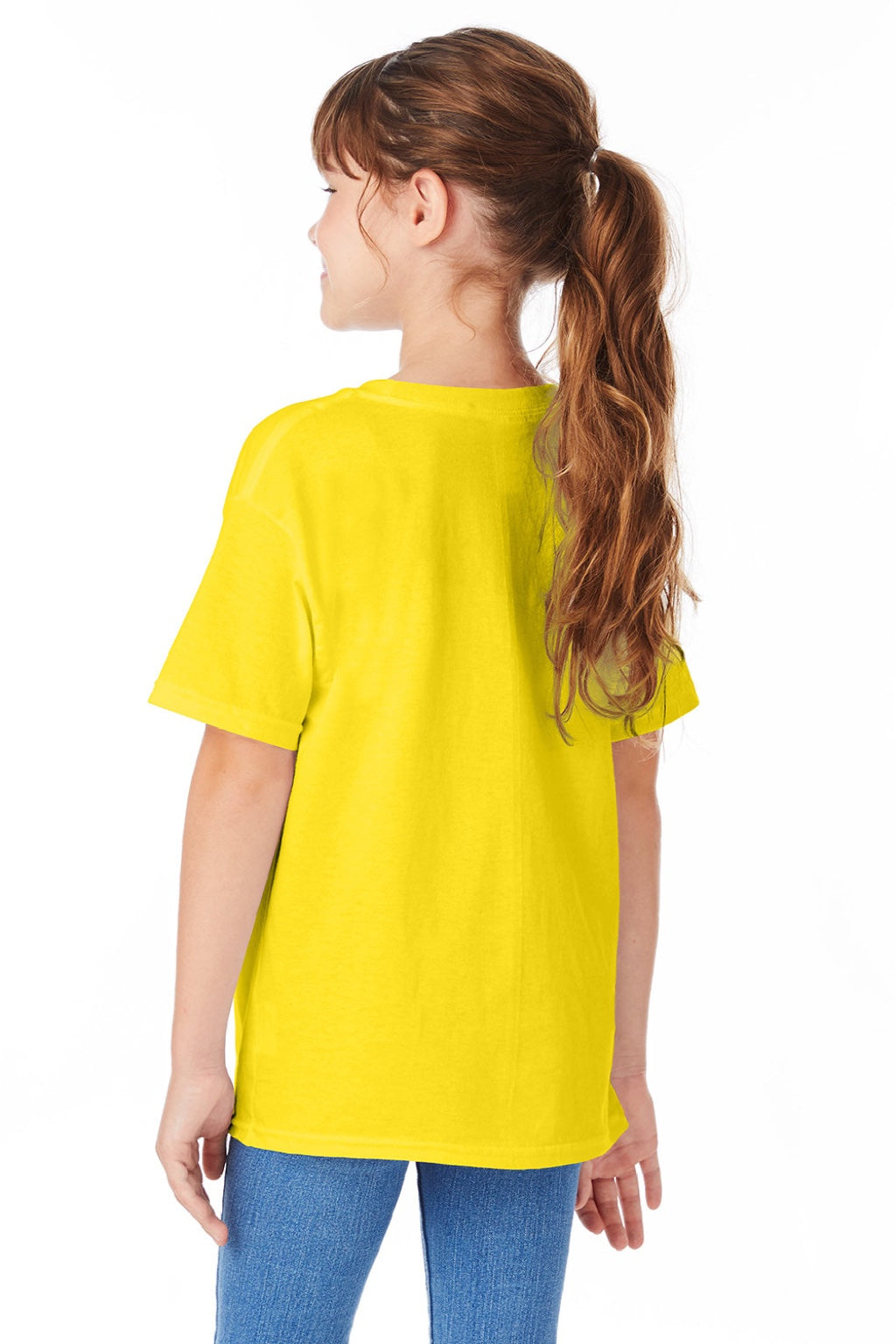 Hanes 5480 Youth Essential-T Short Sleeve Crewneck T-Shirt Athletic Yellow Model Back