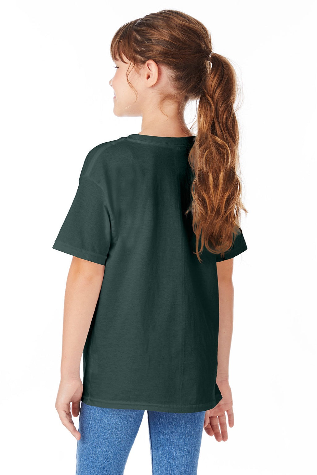 Hanes 5480 Youth Essential-T Short Sleeve Crewneck T-Shirt Athletic Dark Green Model Back
