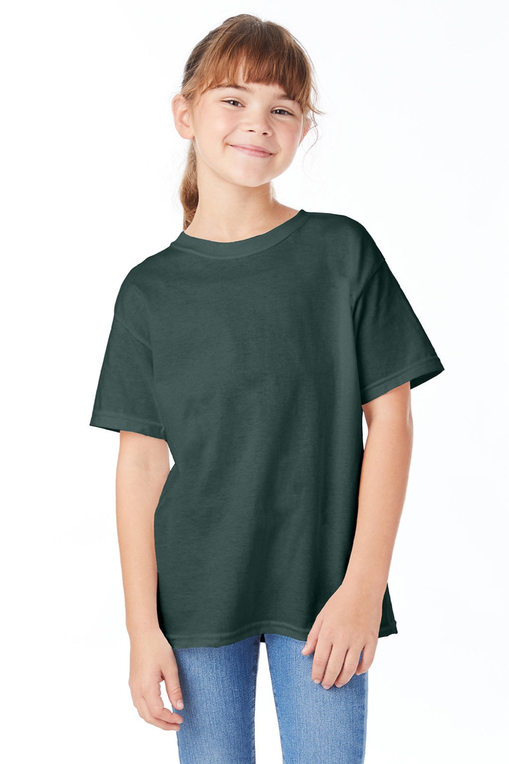 Hanes 5480 Youth Essential-T Short Sleeve Crewneck T-Shirt Athletic Dark Green Model Front