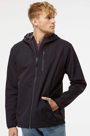 Independent Trading Company EXP35SSZ Mens Poly Tech Full Zip Waterproof Soft Shell Hooded Jacket Black Model Front