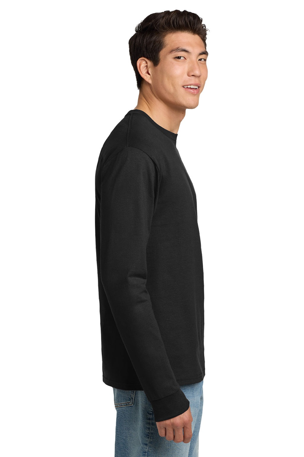 Hanes 5586 Mens Authentic Long Sleeve Crewneck T-Shirt Black Model Side
