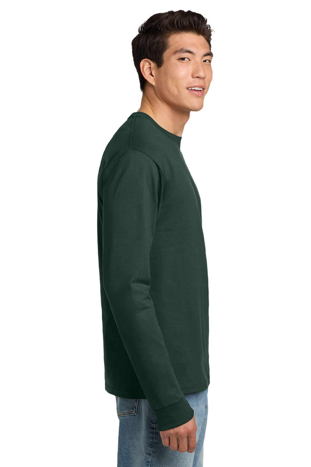 Hanes 5586 Mens Authentic Long Sleeve Crewneck T-Shirt Deep Forest Green Model Side
