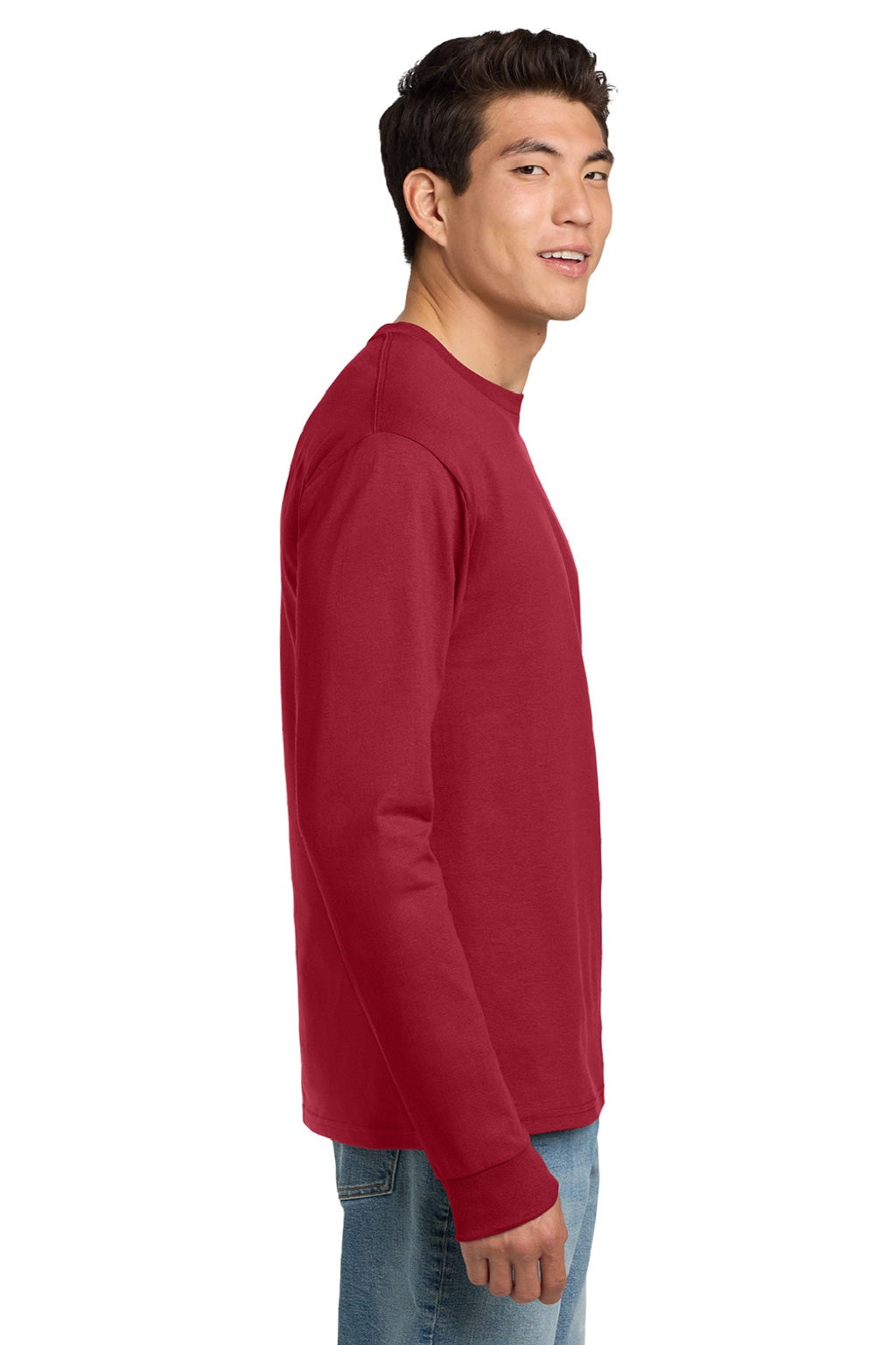 Hanes 5586 Mens Authentic Long Sleeve Crewneck T-Shirt Deep Red Model Side