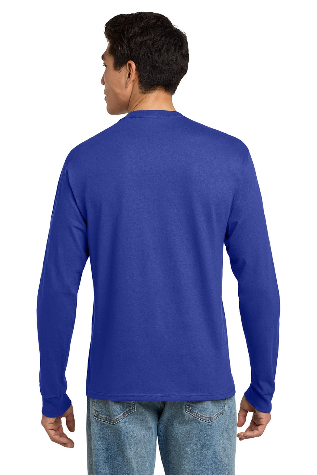 Hanes 5586 Mens Authentic Long Sleeve Crewneck T-Shirt Deep Royal Blue Model Back