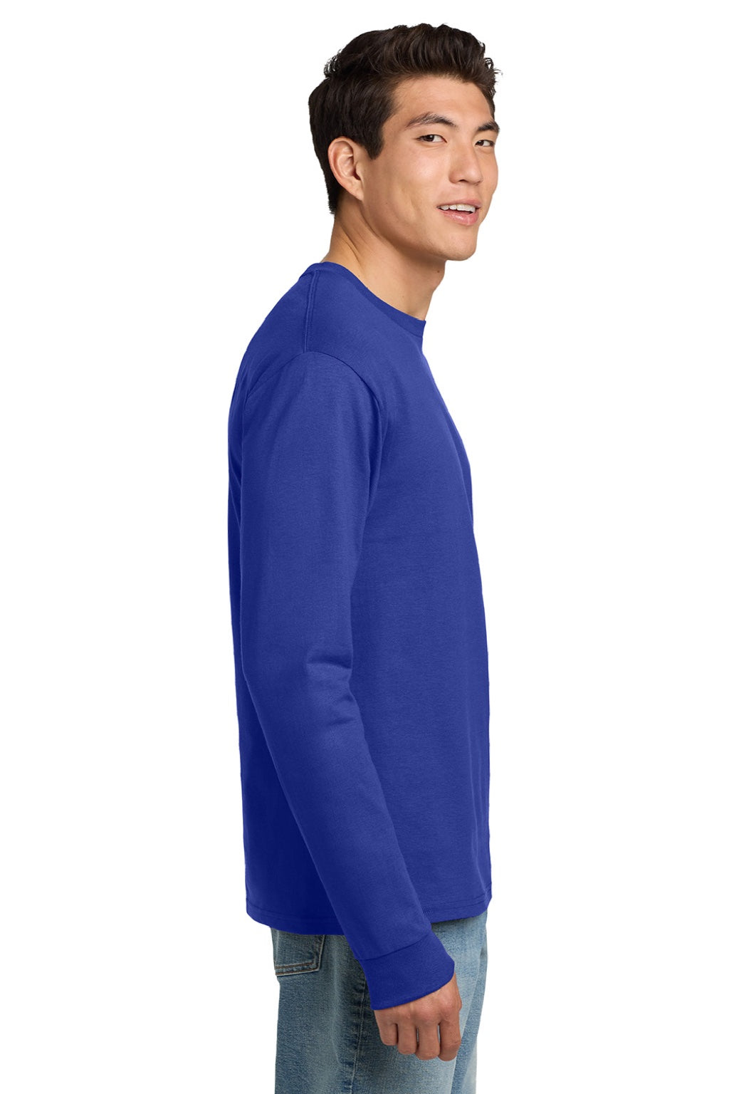 Hanes 5586 Mens Authentic Long Sleeve Crewneck T-Shirt Deep Royal Blue Model Side