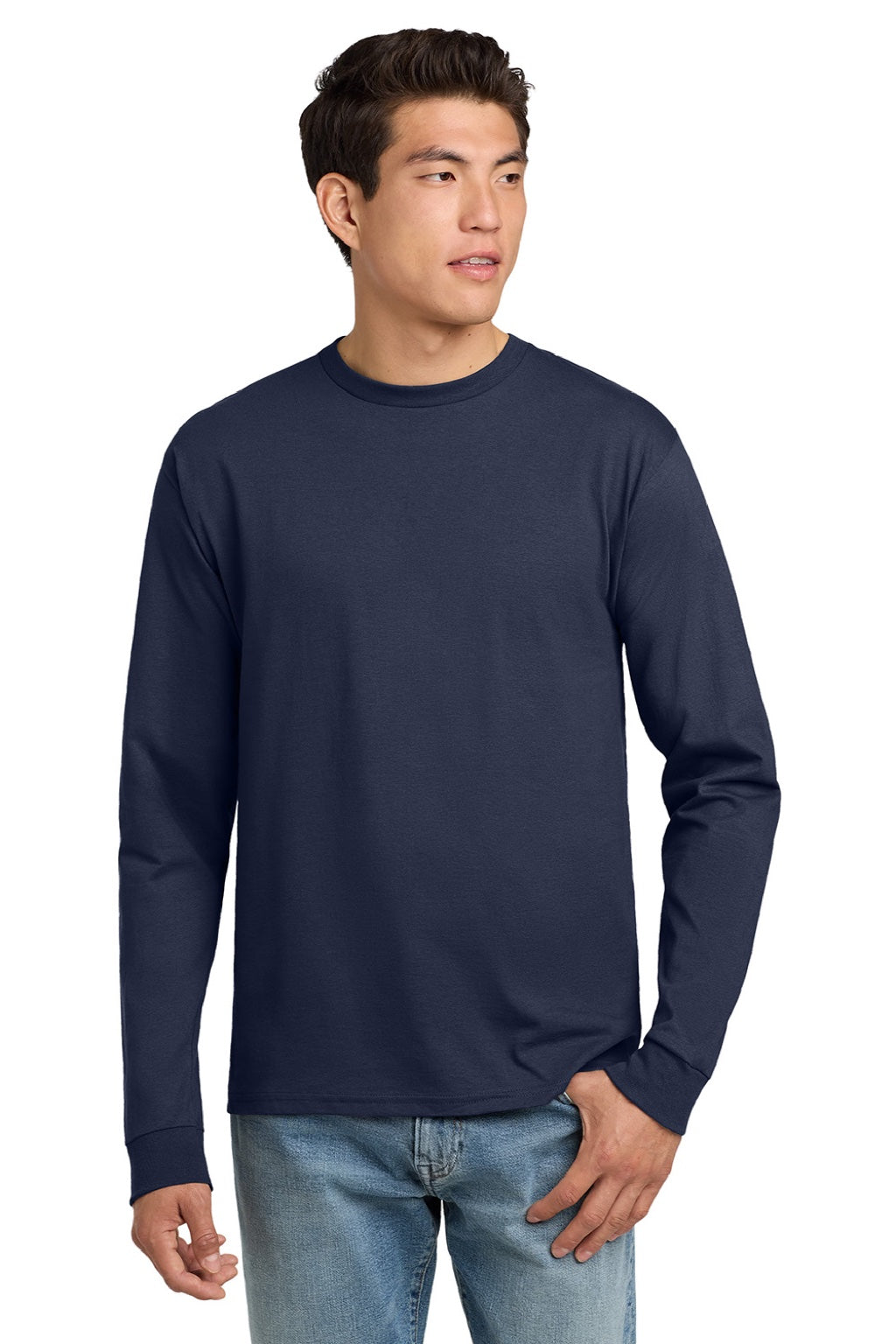 Hanes 5586 Mens Authentic Long Sleeve Crewneck T-Shirt Navy Blue Model Front