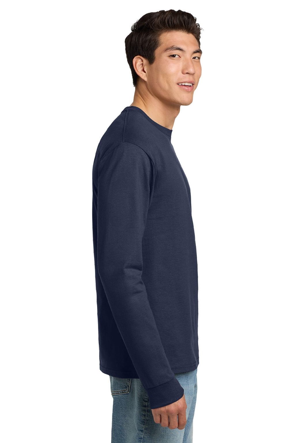 Hanes 5586 Mens Authentic Long Sleeve Crewneck T-Shirt Navy Blue Model Side