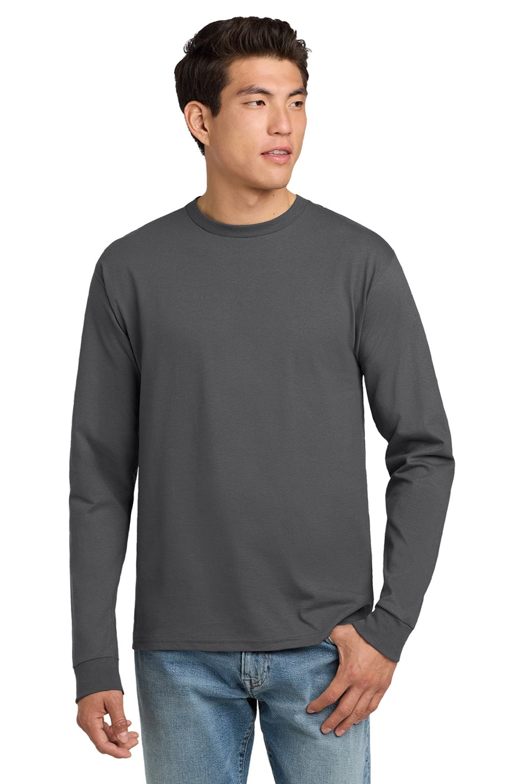 Hanes 5586 Mens Authentic Long Sleeve Crewneck T-Shirt Smoke Grey Model Front