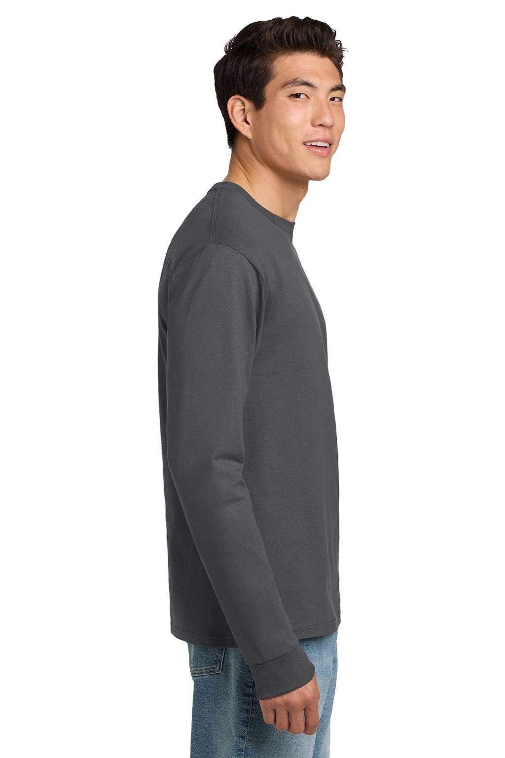 Hanes 5586 Mens Authentic Long Sleeve Crewneck T-Shirt Smoke Grey Model Side