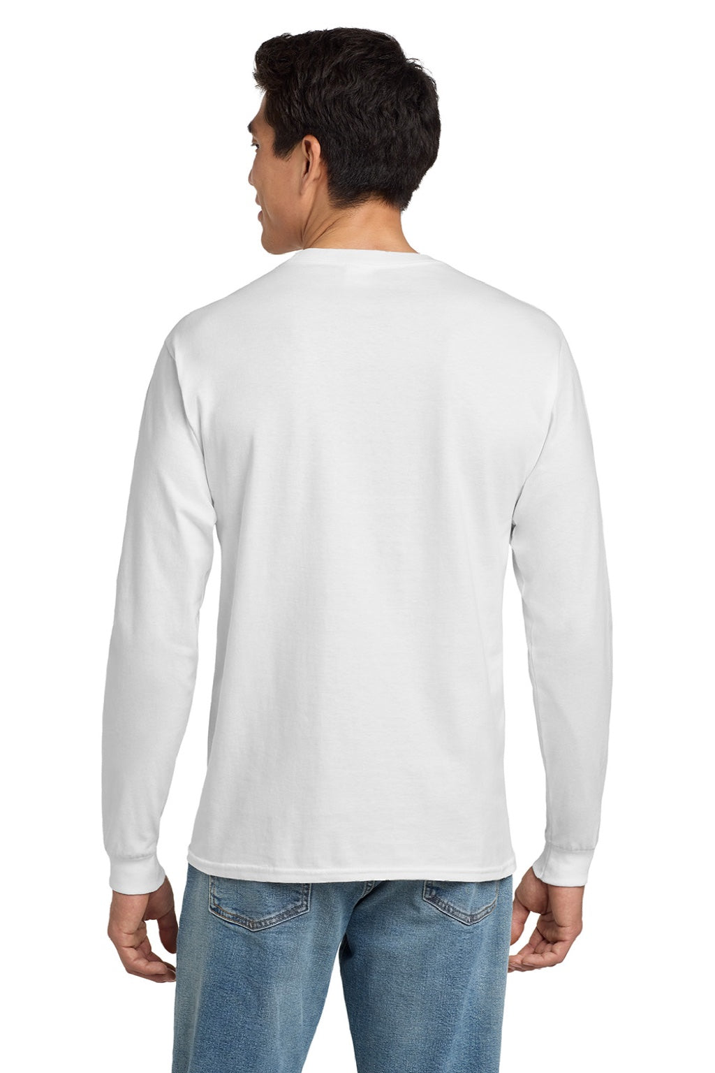 Hanes 5586 Mens Authentic Long Sleeve Crewneck T-Shirt White Model Back
