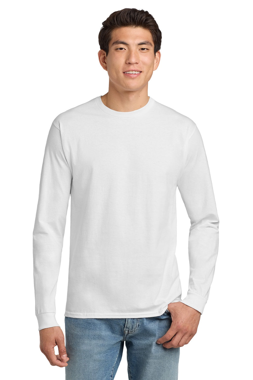 Hanes 5586 Mens Authentic Long Sleeve Crewneck T-Shirt White Model Front