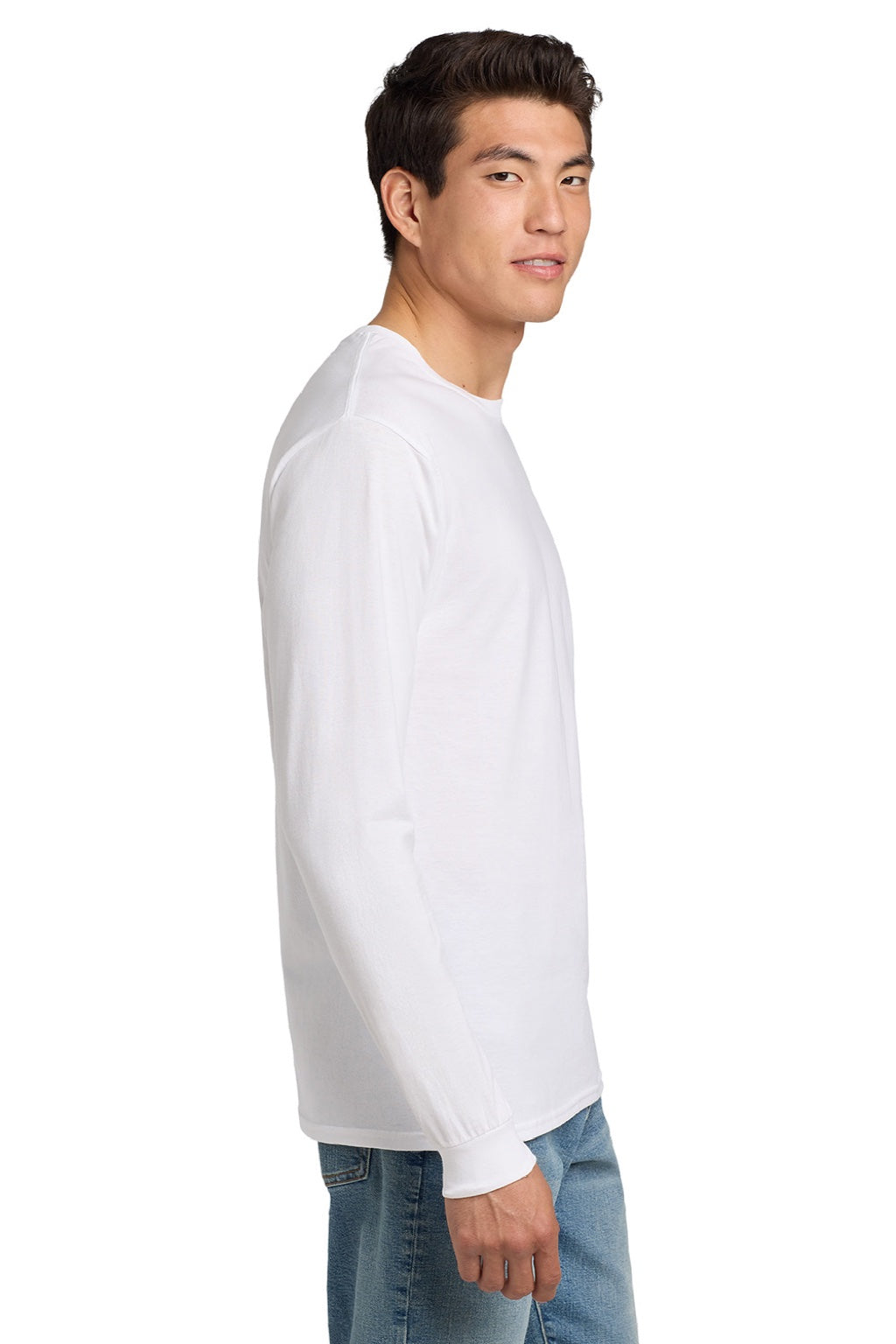 Hanes 5586 Mens Authentic Long Sleeve Crewneck T-Shirt White Model Side
