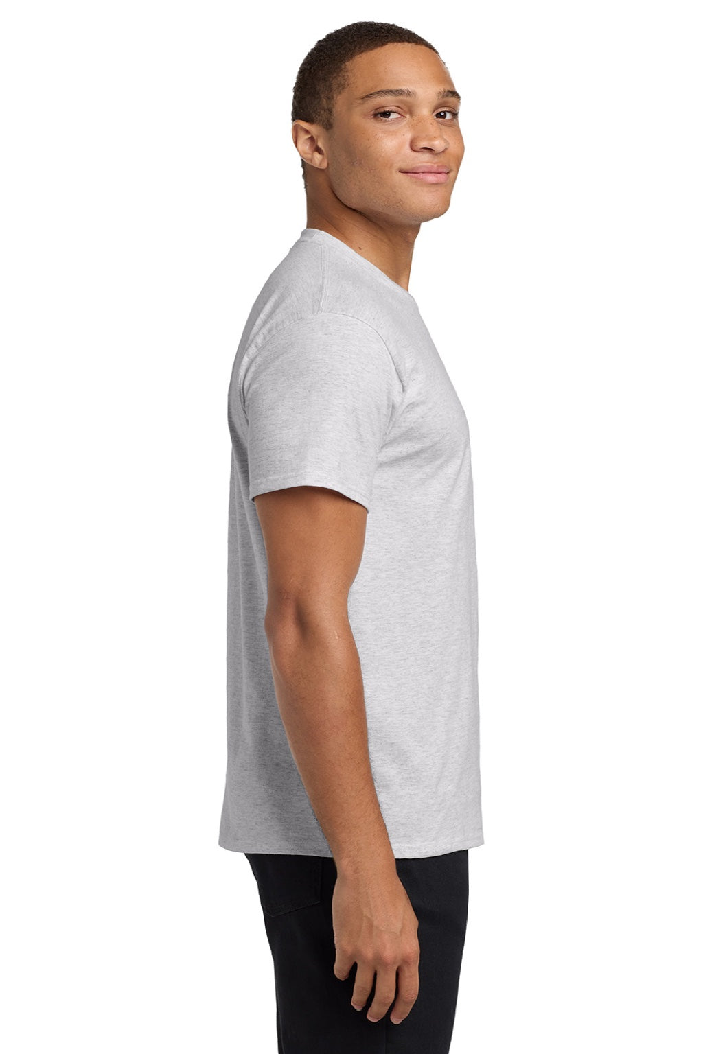 Hanes 5590 Mens Authentic Short Sleeve Crewneck T-Shirt w/ Pocket Ash Grey Model Side