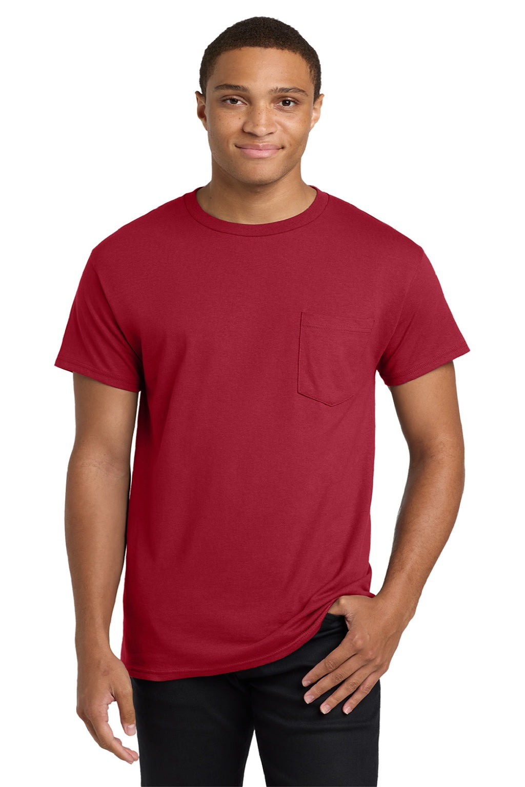Hanes 5590 Mens Authentic Short Sleeve Crewneck T-Shirt w/ Pocket Deep Red Model Front