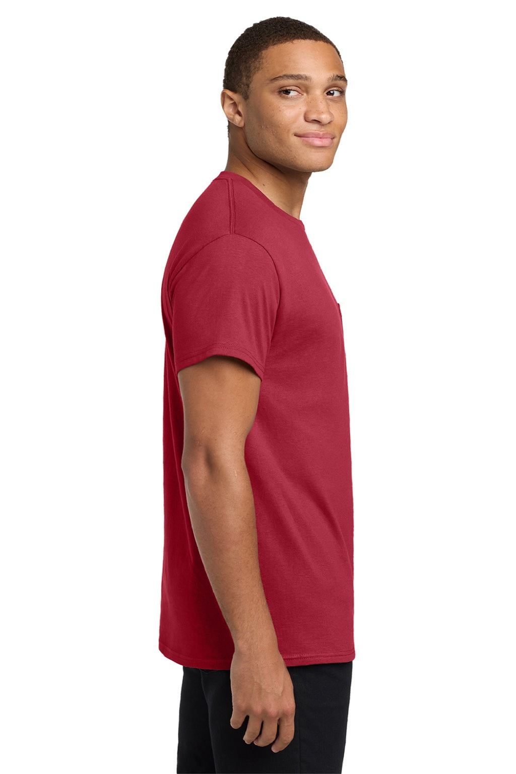 Hanes 5590 Mens Authentic Short Sleeve Crewneck T-Shirt w/ Pocket Deep Red Model Side