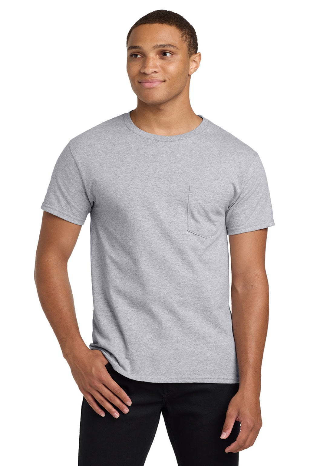 Hanes 5590 Mens Authentic Short Sleeve Crewneck T-Shirt w/ Pocket Light Steel Grey Model Front