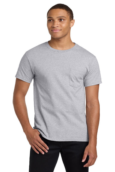 Hanes 5590 Mens Authentic Short Sleeve Crewneck T-Shirt w/ Pocket Light Steel Grey Model Front
