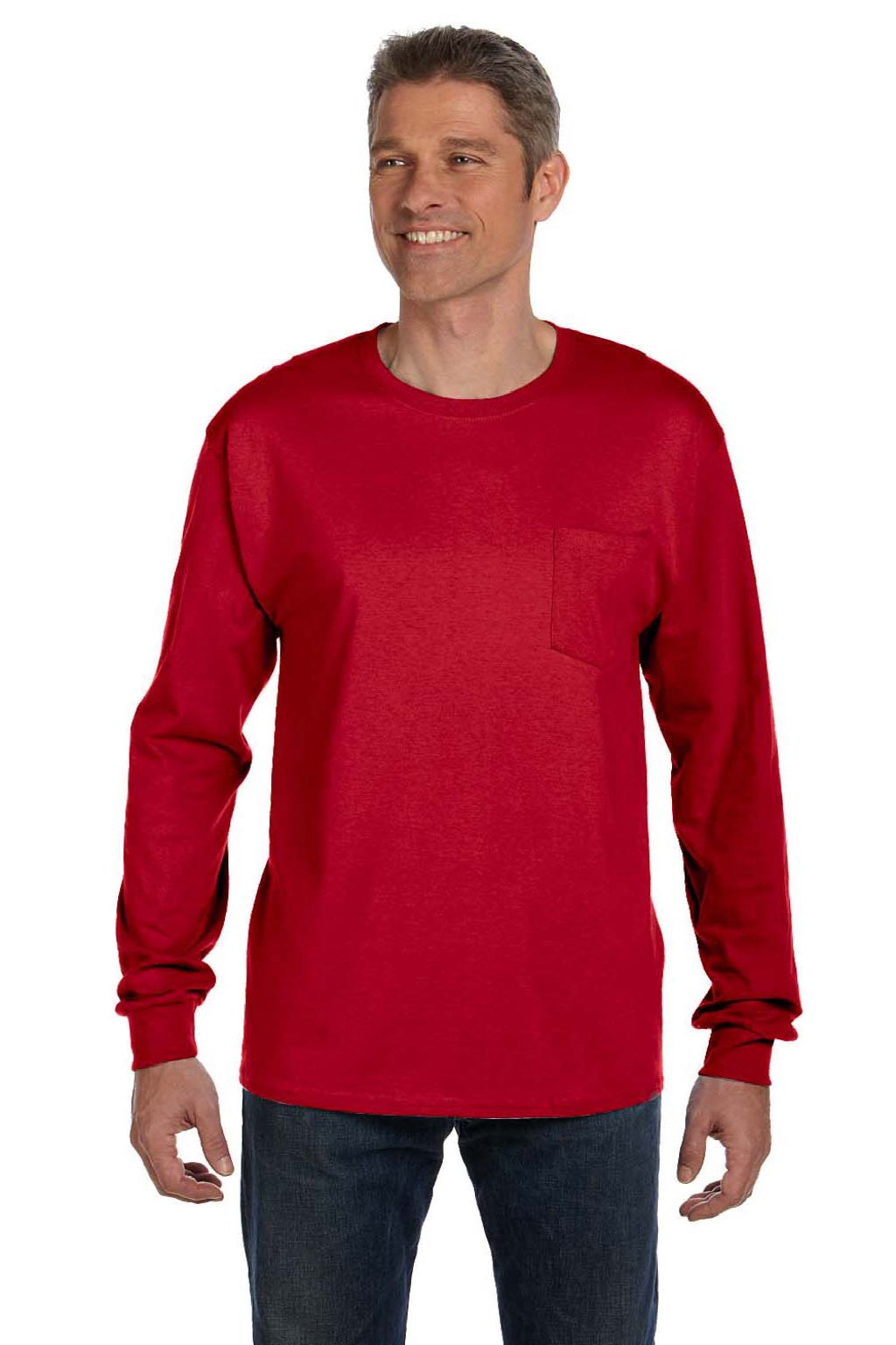 Hanes 5596 Mens Authentic Long Sleeve Crewneck T-Shirt w/ Pocket Deep Red Model Front