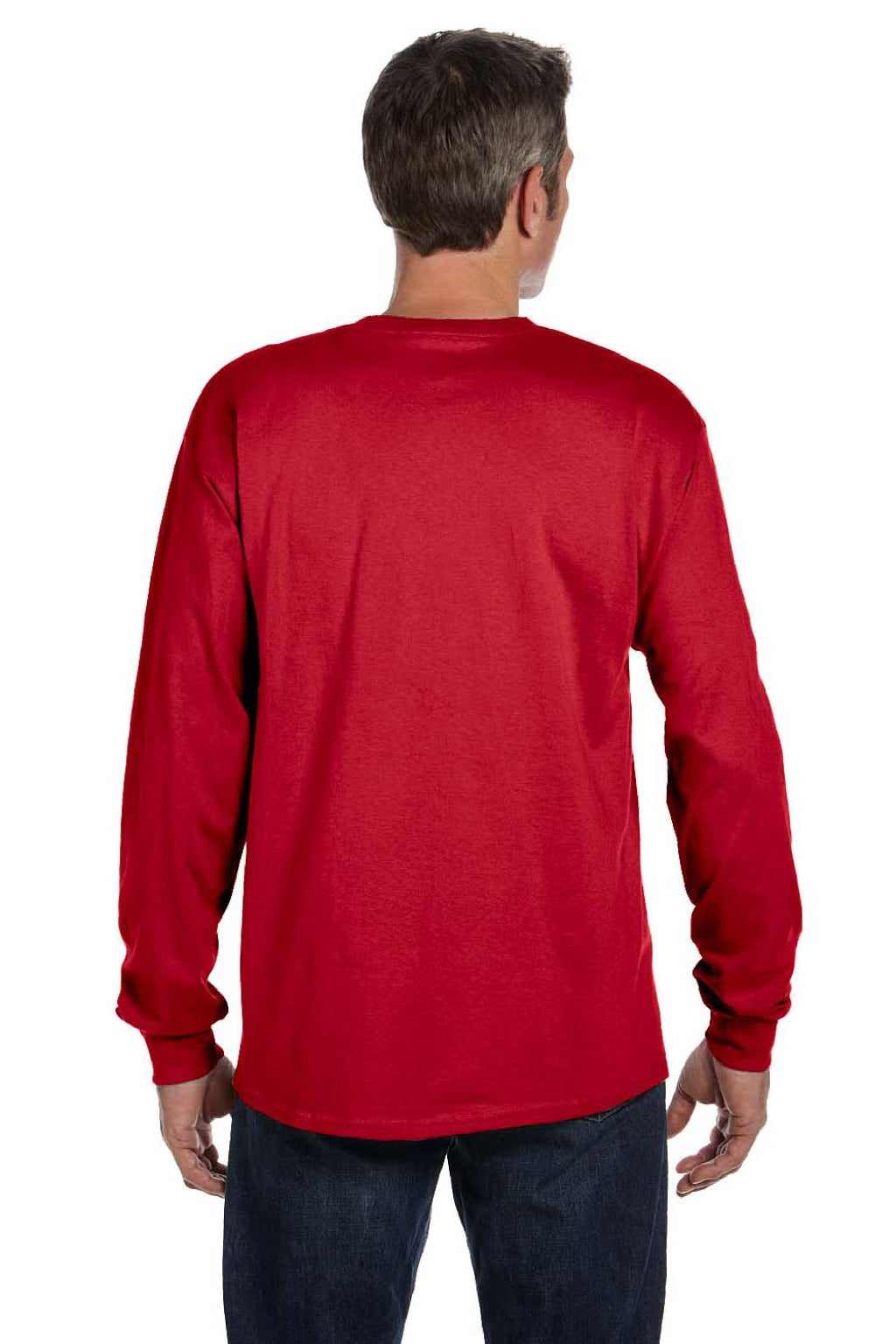 Hanes 5596 Mens Authentic Long Sleeve Crewneck T-Shirt w/ Pocket Deep Red Model Back
