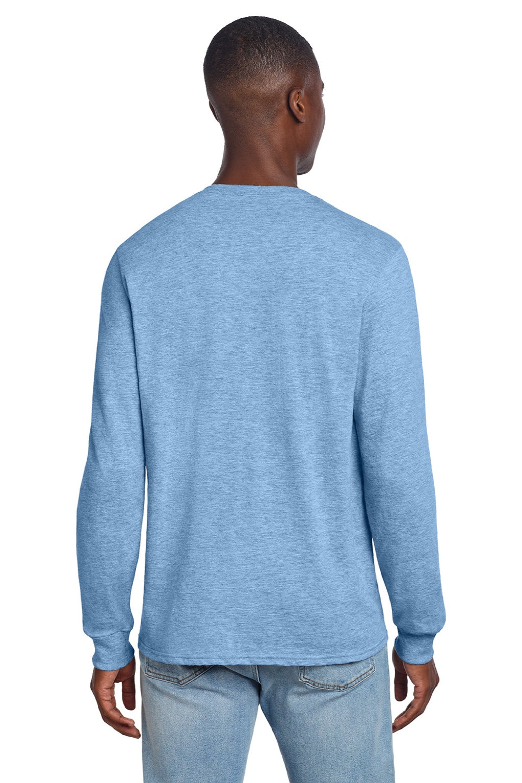 Jerzees 560LS Mens Premium Blend Moisture Wicking Long Sleeve Crewneck T-Shirt Heather Carolina Blue Model Back