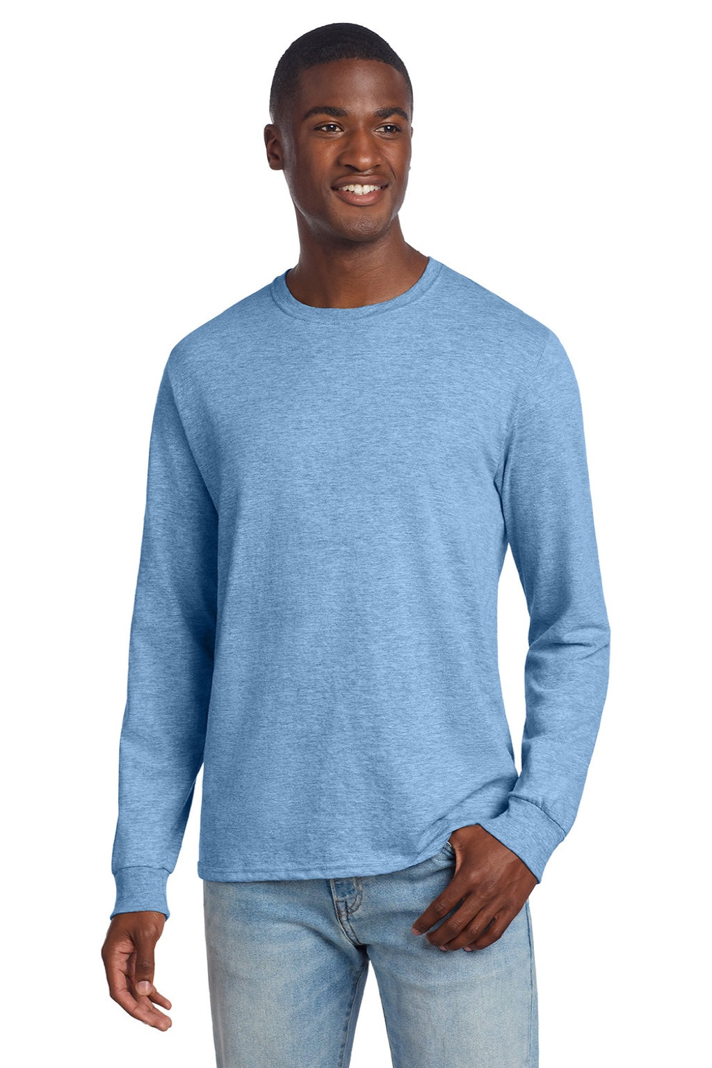 Jerzees 560LS Mens Premium Blend Moisture Wicking Long Sleeve Crewneck T-Shirt Heather Carolina Blue Model Front