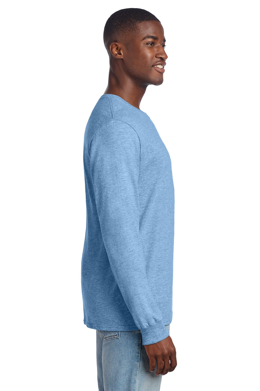 Jerzees 560LS Mens Premium Blend Moisture Wicking Long Sleeve Crewneck T-Shirt Heather Carolina Blue Model Side