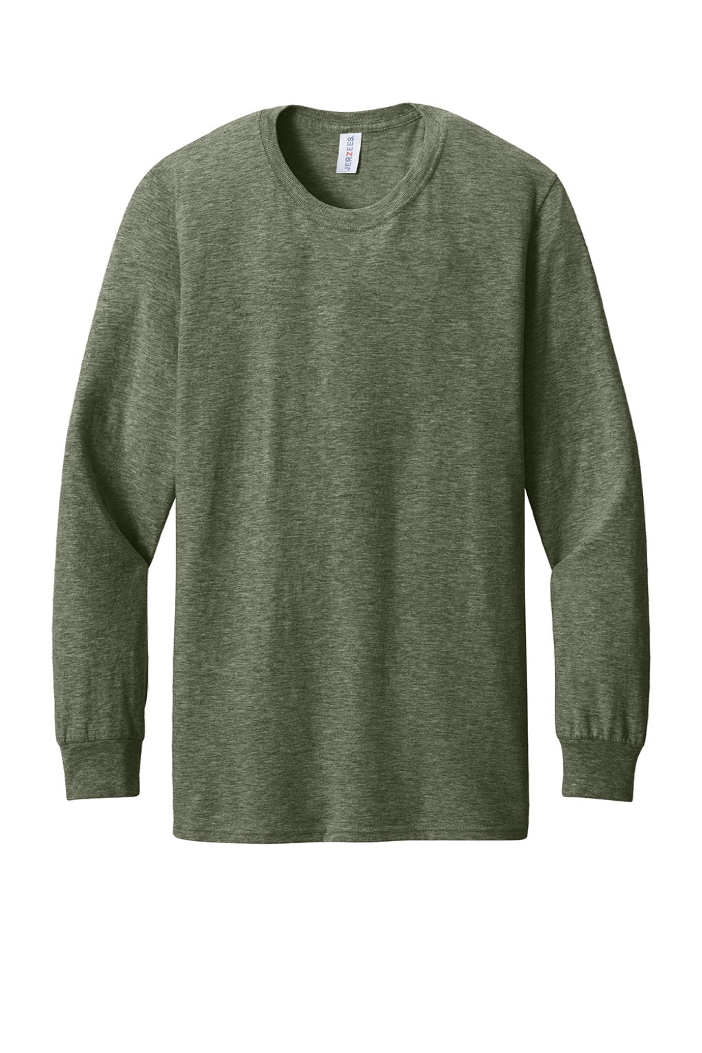 Jerzees 560LS Mens Premium Blend Moisture Wicking Long Sleeve Crewneck T-Shirt Heather Military Green Flat Front