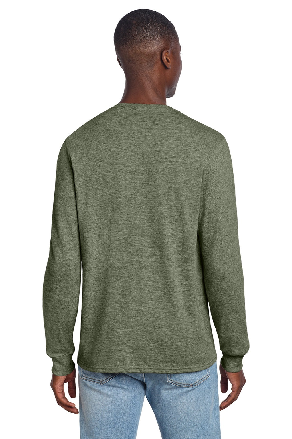 Jerzees 560LS Mens Premium Blend Moisture Wicking Long Sleeve Crewneck T-Shirt Heather Military Green Model Back