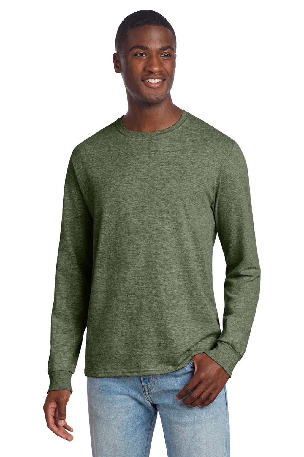 Jerzees 560LS Mens Premium Blend Moisture Wicking Long Sleeve Crewneck T-Shirt Heather Military Green Model Front