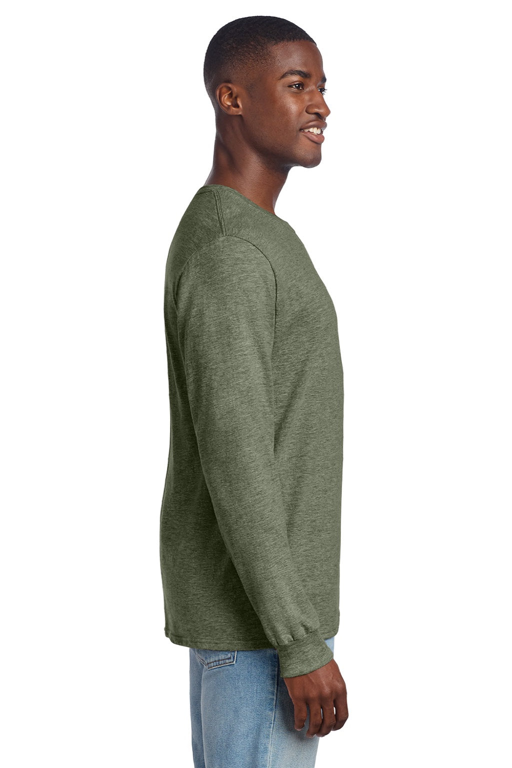Jerzees 560LS Mens Premium Blend Moisture Wicking Long Sleeve Crewneck T-Shirt Heather Military Green Model Side