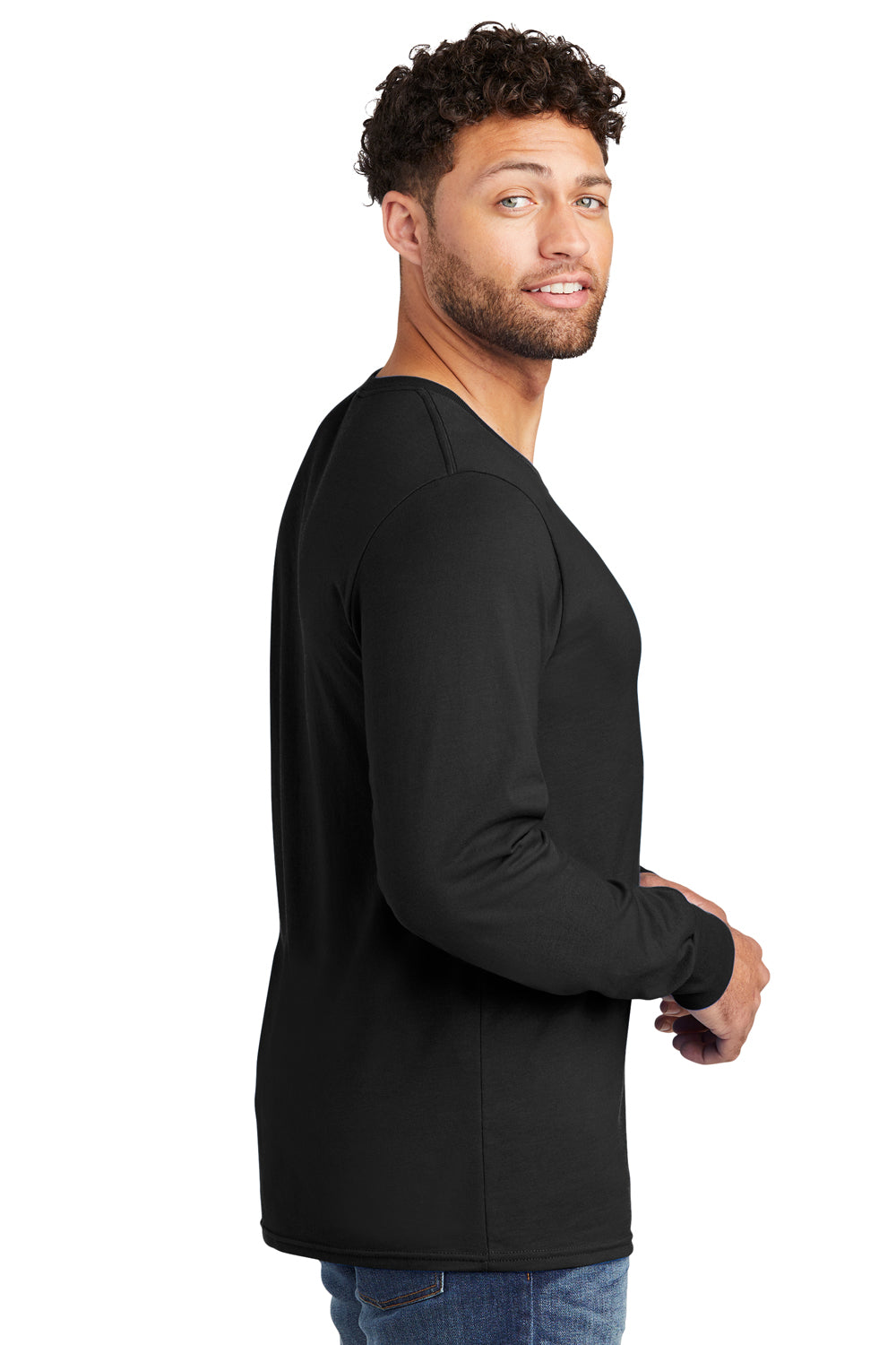 Jerzees 560LS Mens Premium Blend Moisture Wicking Long Sleeve Crewneck T-Shirt Black Ink Model Side
