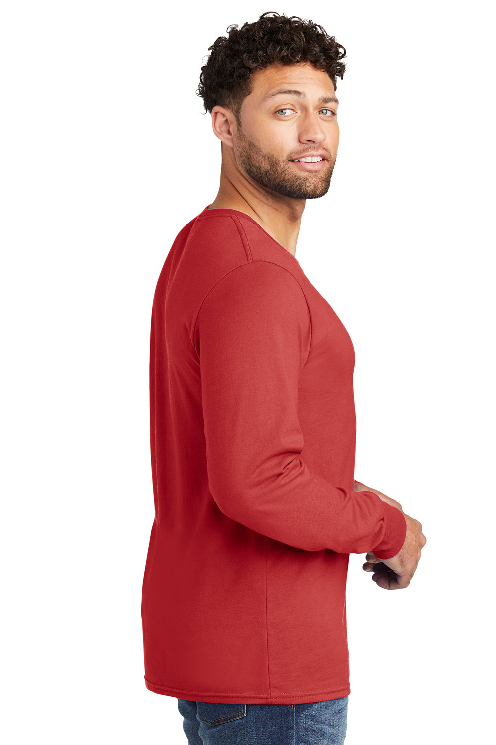 Jerzees 560LS Mens Premium Blend Moisture Wicking Long Sleeve Crewneck T-Shirt True Red Model Side