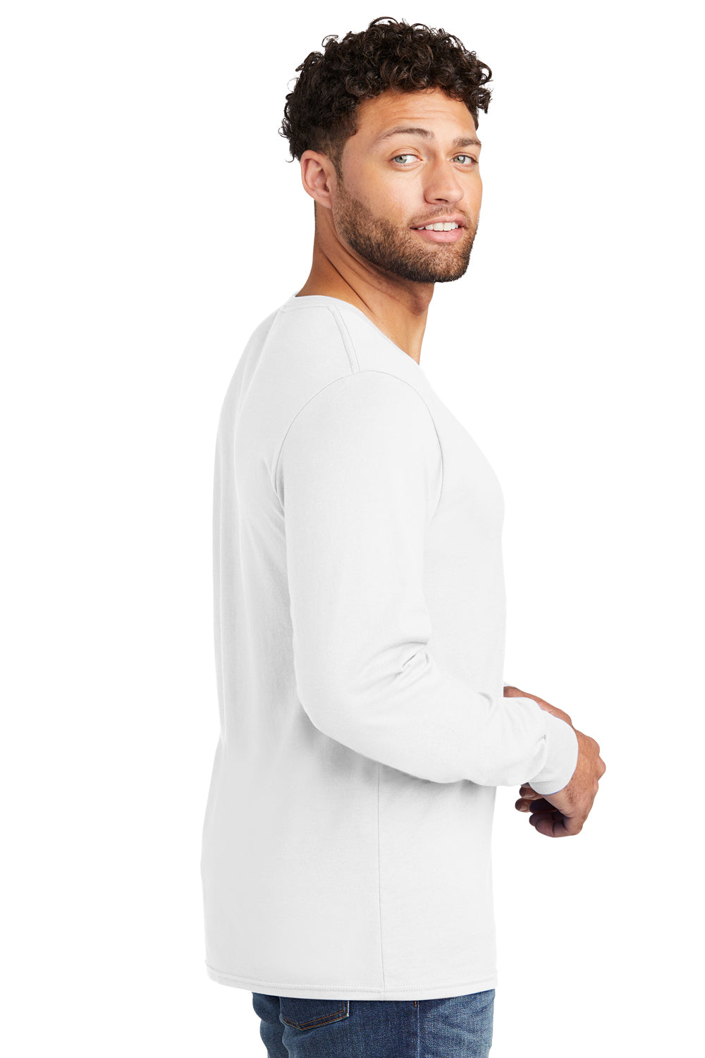 Jerzees 560LS Mens Premium Blend Moisture Wicking Long Sleeve Crewneck T-Shirt White Model Side