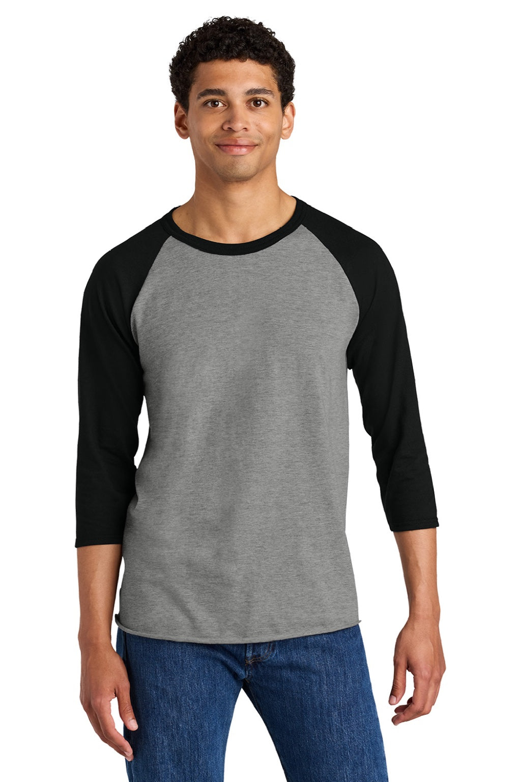 Jerzees 560RR Mens Premium Blend Baseball Moisture Wicking 3/4 Sleeve Crewneck T-Shirt Oxford Grey/Ink Black Model Front